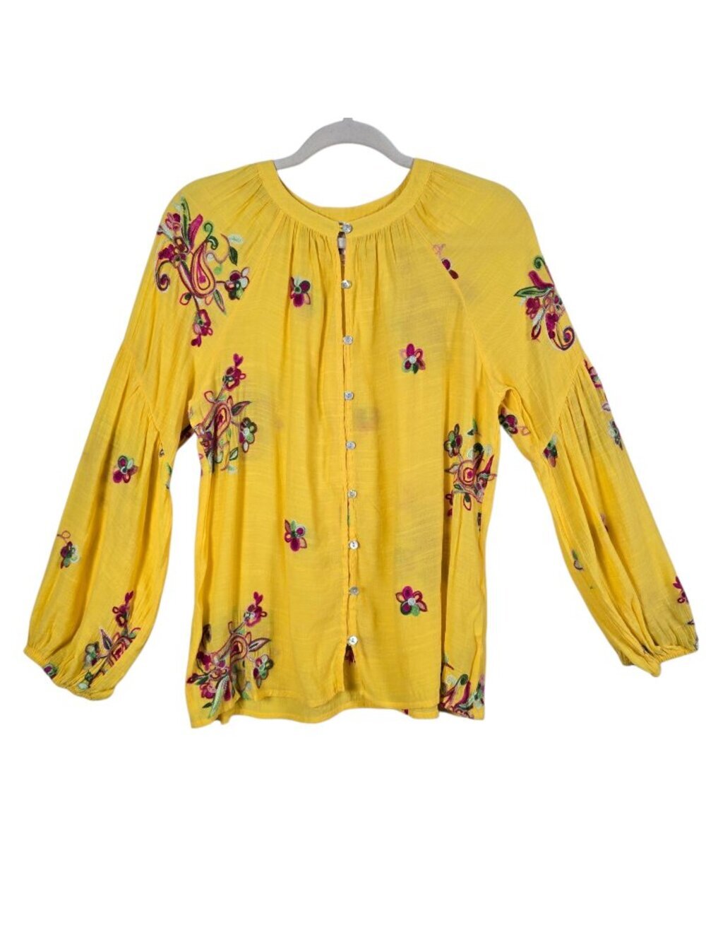 Fig & Flower Womens Yellow Floral Embroidered Long Sleeve Button Up Top Small